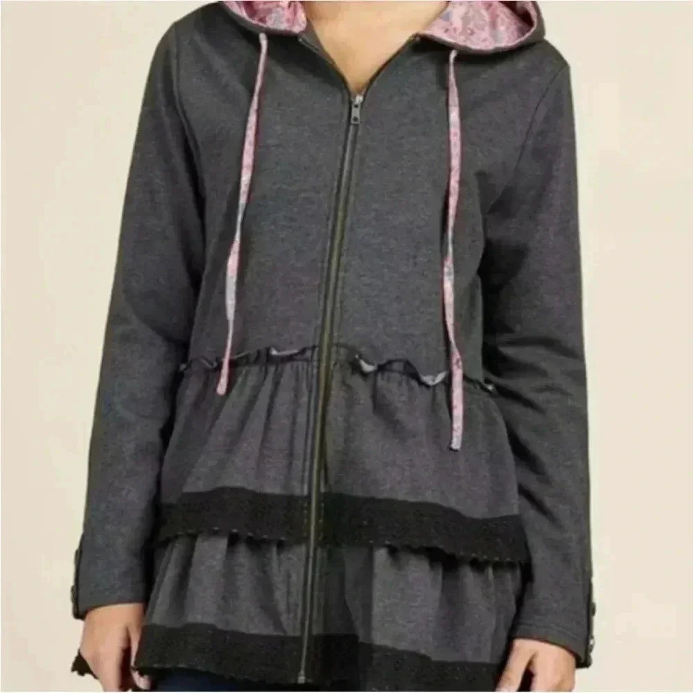 Matilda Jane Wise and Wonderful Ruffled Grey Full Zip Hoodie Jacket Size M NWT
